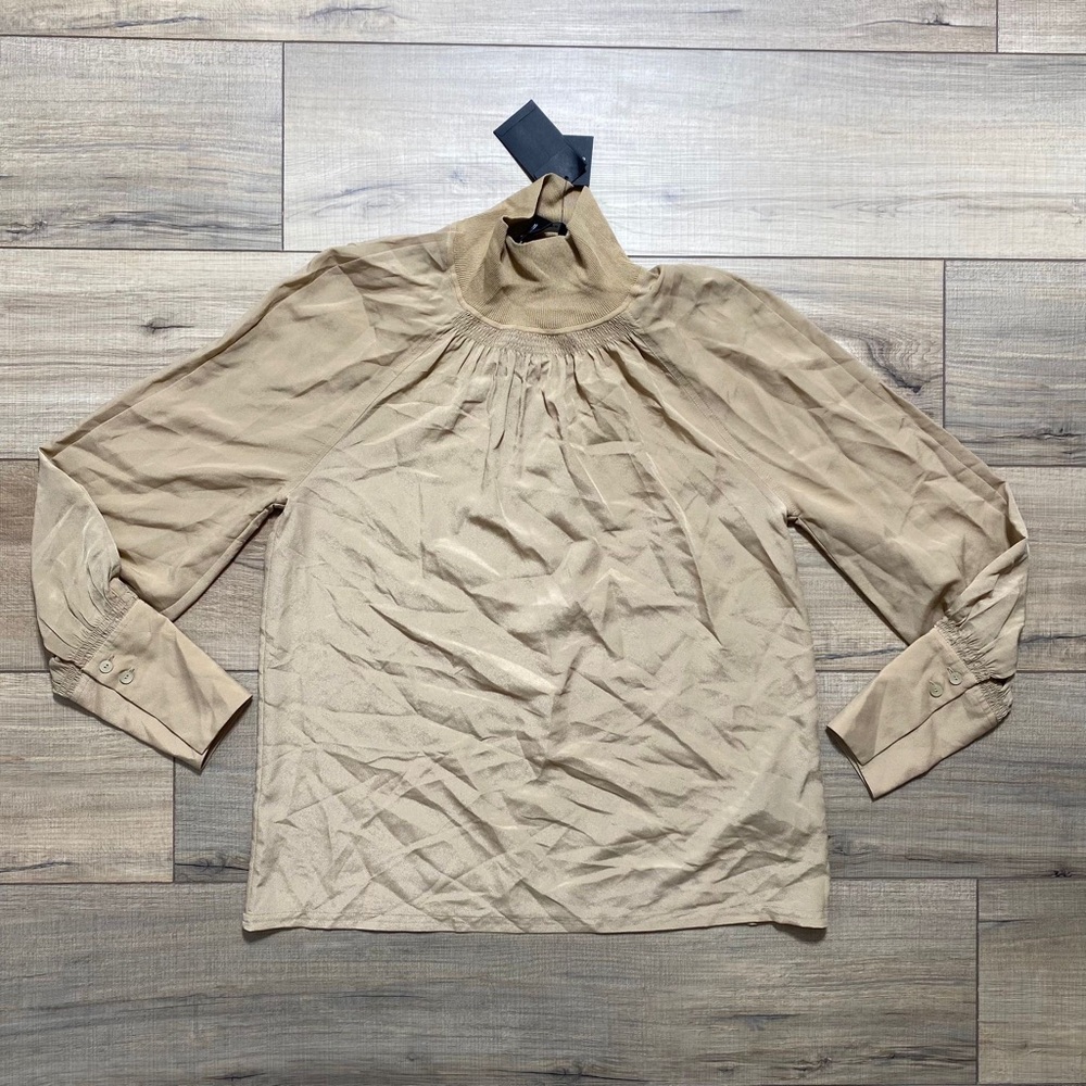 Club Monaco Women Rib Neck Blouson Sleeve Blouse‎ Size XXS Tan Relaxed Fit
